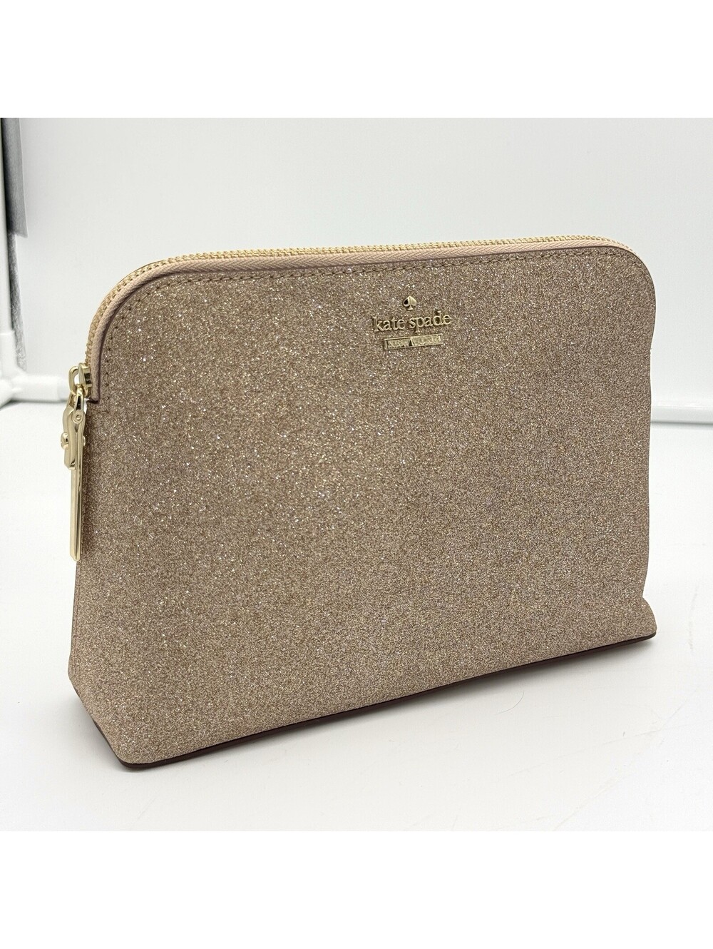 Kate Spade New York Glitter Cosmetic Bag Gold Zip Makeup Pouch Travel Case